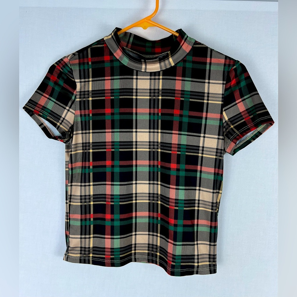 SHEIN Privé Plaid Mock Neck Bodycon Crop Tee Women’s Size Large